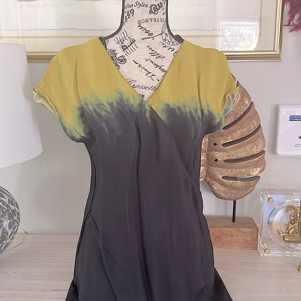 ZARA Ombre Tie Dye Wrap Midi Dress Asymmetrical Hem Yellow Navy - Picture 4 of 6